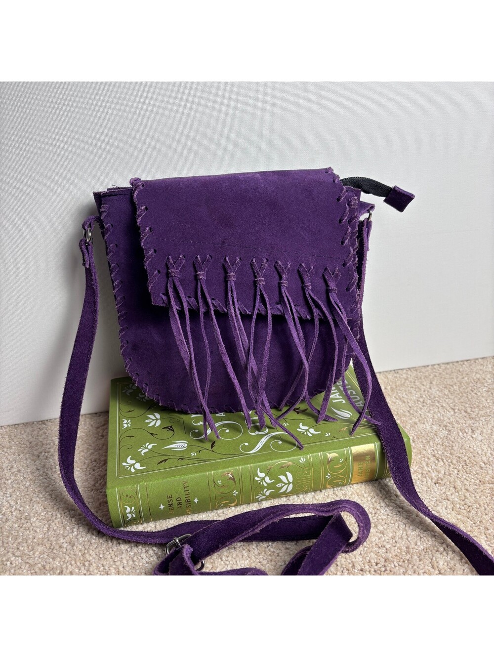 Purple Suede Fringe Crossbody Bag